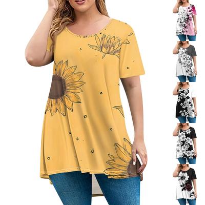 Women's Fashion Large Size Round Neck Short Sleeve Casual Print Loose Pullover Top