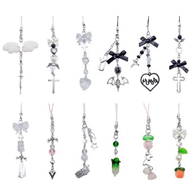 Pendentif Suspendu Cœur Nœud Papillon Croix Doux Cool Lanière de Téléphone Décoration de Sac Lanière Suspendue Portable Cadeau pour Filles Femmes