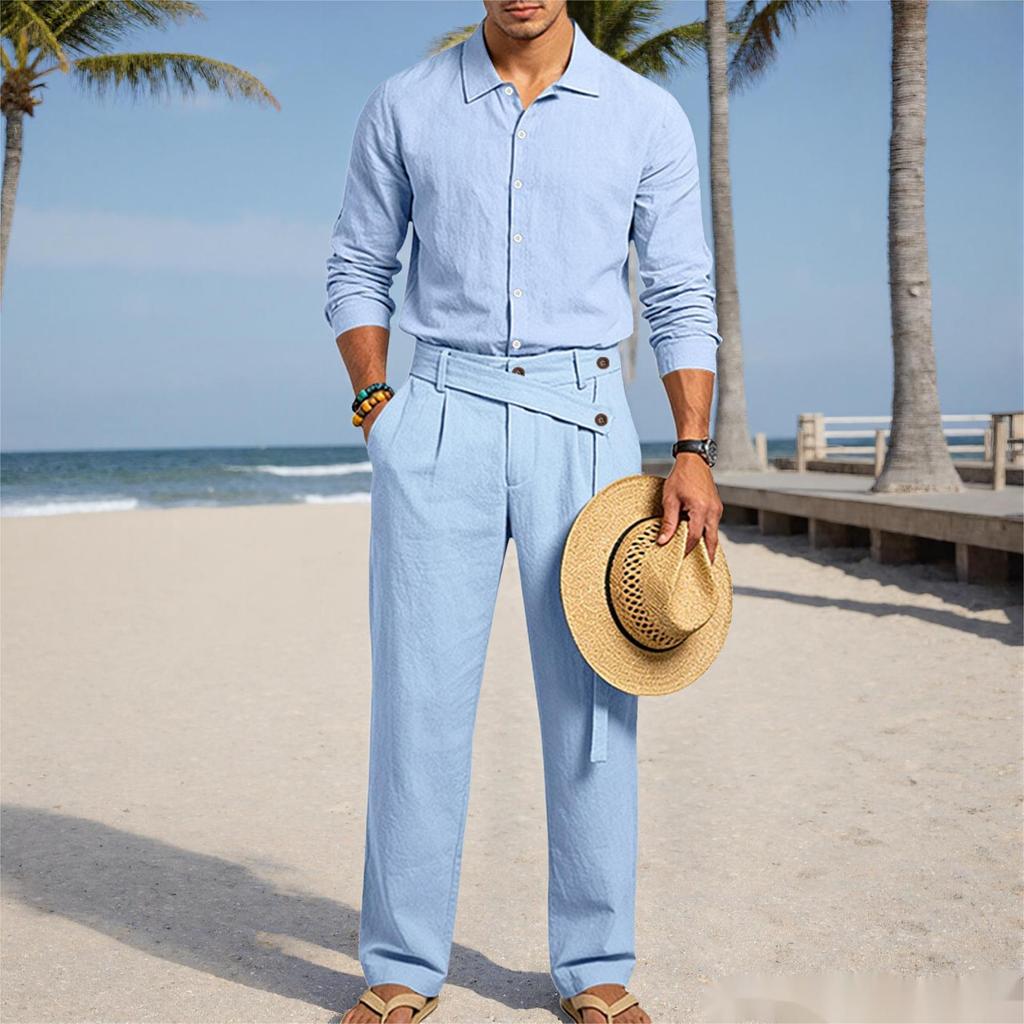 2026 European Men's Casual Loose Linen Lapel Shirt & Long Pants Set - Breathable Cotton Blend