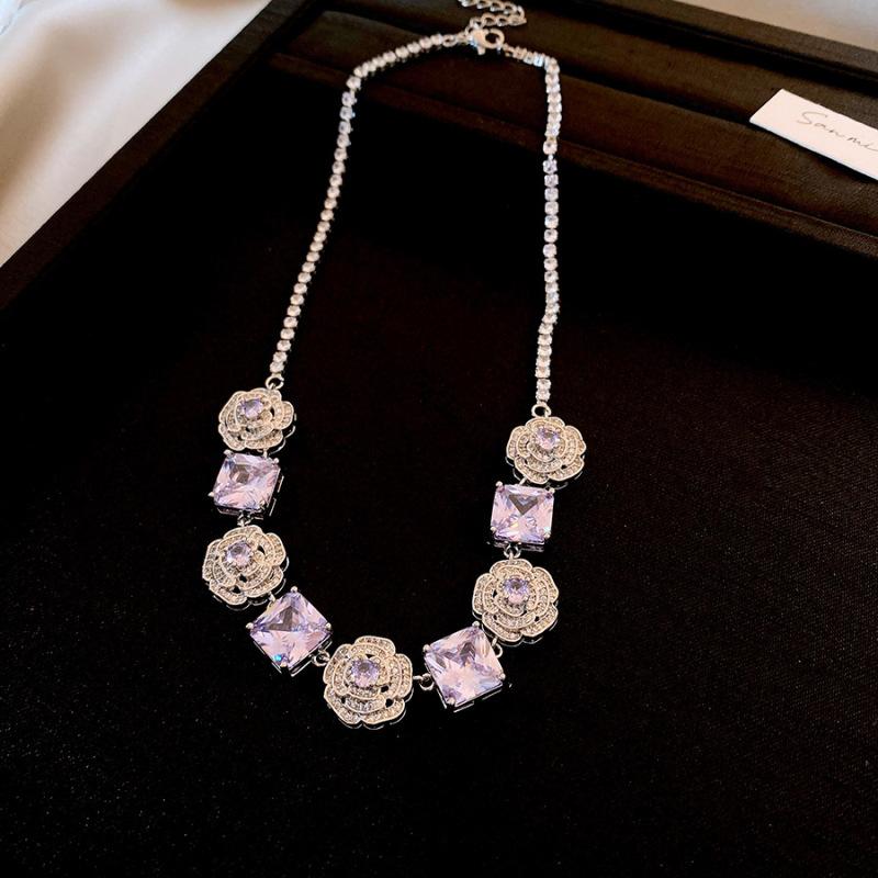 Flower Cluster Princess Pink Rose Small Sugar Cube Zircon Ring Earrings Necklace Set Light Luxury High-end Jewelry