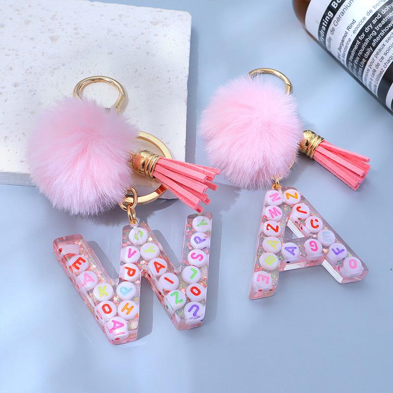 1PC Keyring Key Accessory Letter Filled Colourful Initial Pendant With Fluffy Keychain Glitter Tassel Charms For  Bags Backpacks
