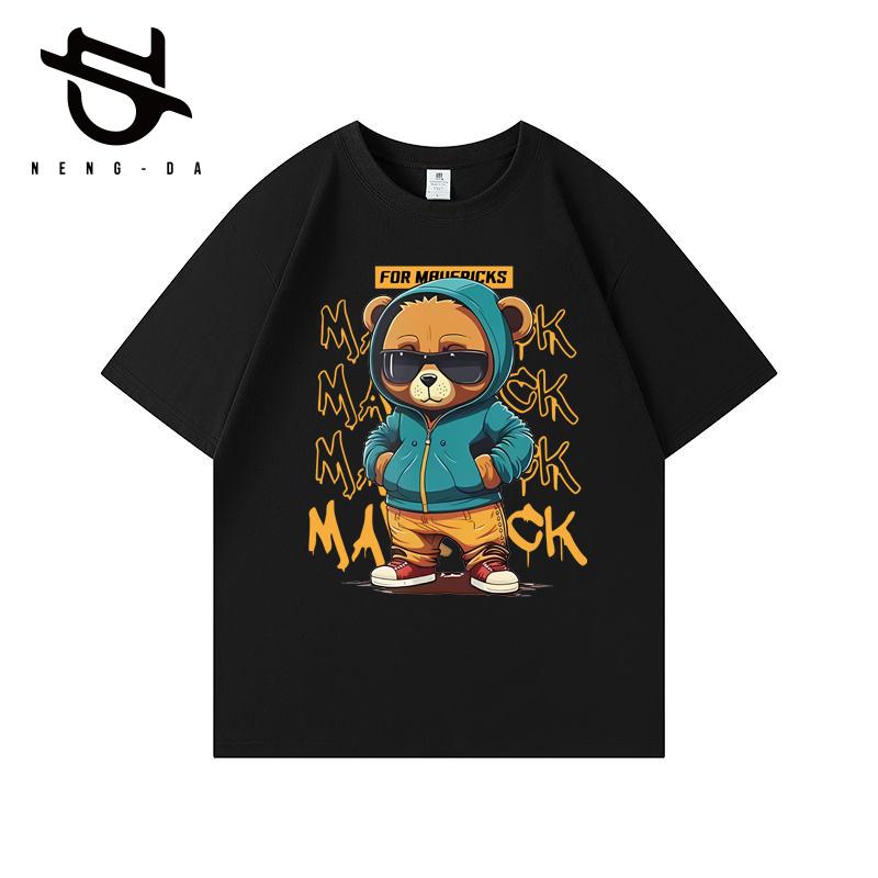 2026 Summer Boys Baby Cotton T-shirts Cool Cartoon Bear Graphic Tees Cute Children Clothes Daily Casual Black Sports Top XL