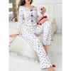 Women Heart Print Lapel Collar Long Sleeve Long Pants Two Piece Pajama Home Wear Set