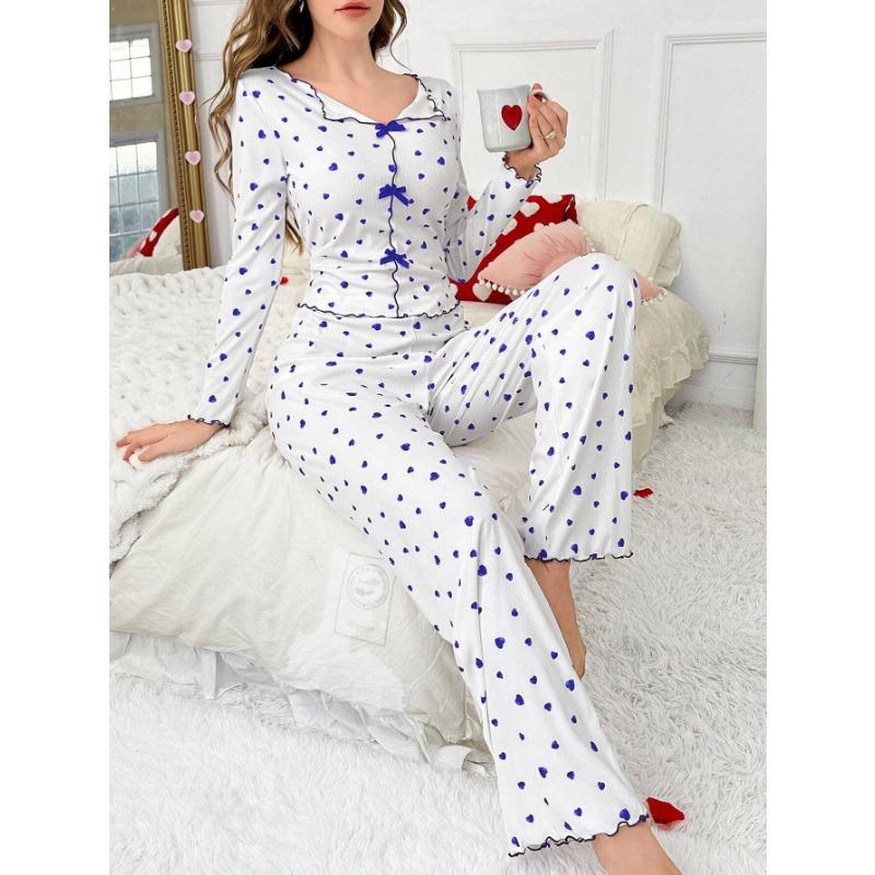 Women Heart Print Lapel Collar Long Sleeve Long Pants Two Piece Pajama Home Wear Set
