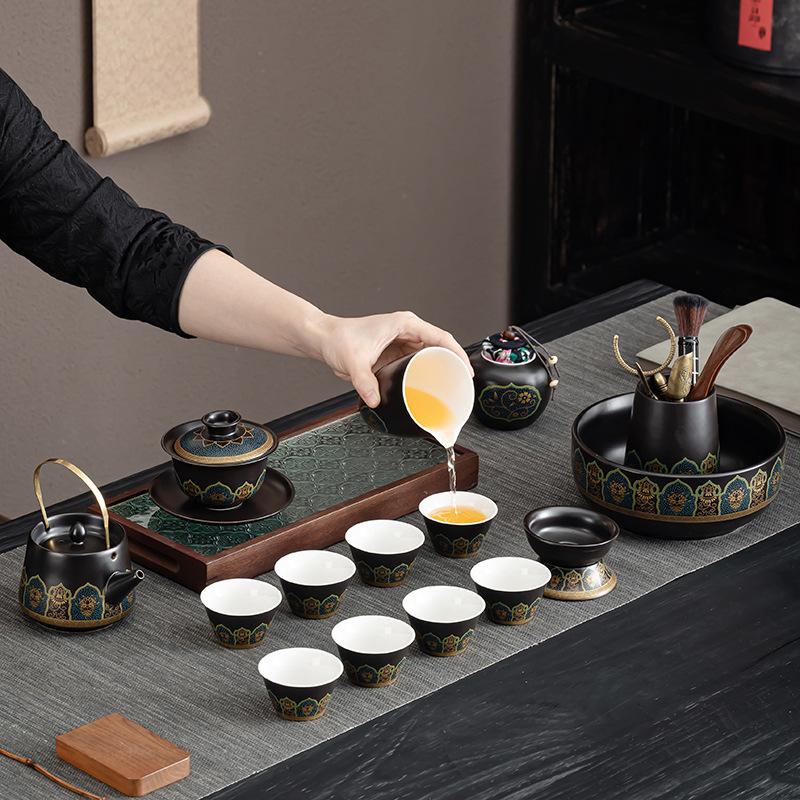 High-end tea set Black ancient rhyme lifting beam pot set Household tea making Kung Fu tea set Light luxury ceramic teapot gift