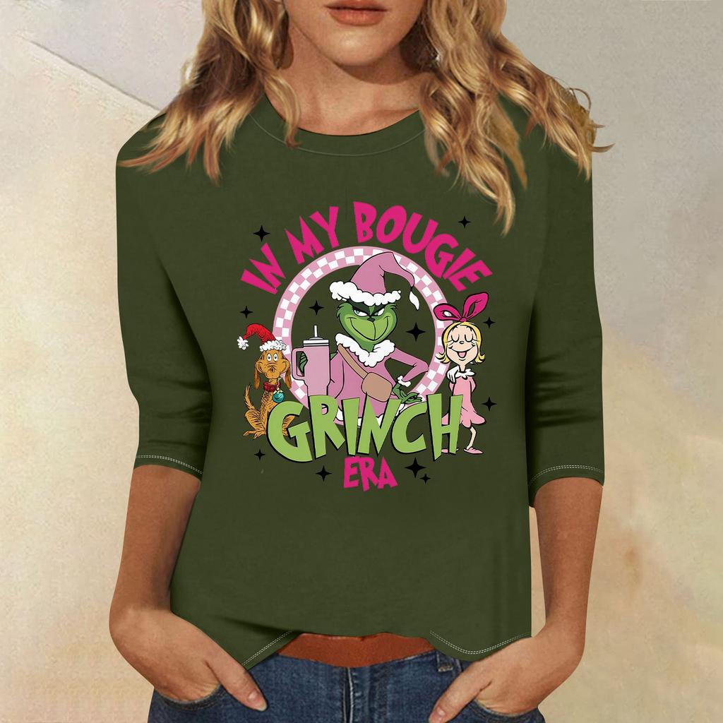 3/4 Sleeve Tops For Women T-Shirt Casual Christmas Print Tops T Shirt Round Neck Pullover Blouse