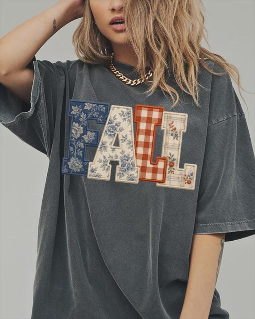 Comfort Colors® Fall Season Shirt, Autumn Plaid Floral Applique Letters Tee, Cozy Harvest Graphic Shirt, Thanksgiving Shirt