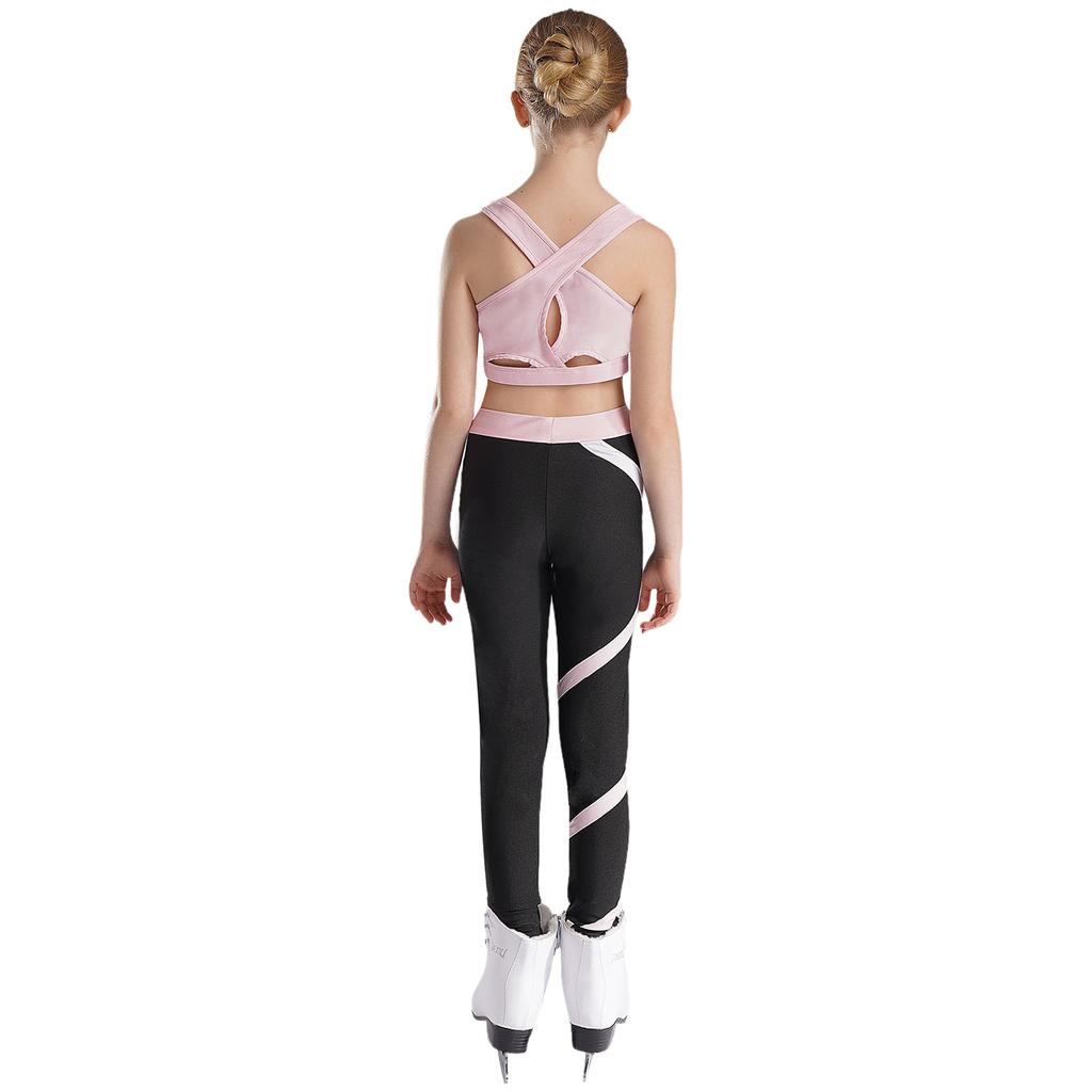 Dívčí Crop Top s U výstřihem, kříženými ramínky a klíčovou dírkou na zádech, bez rukávů, Color Block Legíny, Jógový Sportovní Set
