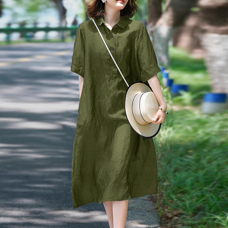 

ZANZEA Женское повседневное свободное платье с отложным воротником и короткими рукавами 5XL армия зеленый