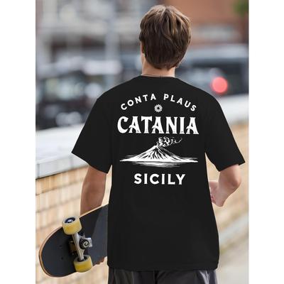 Catania Heren T-shirt met Italiaanse Inspiratie en Rugprint - Mount Etna & Catania Grafisch, Ademend Rond Hals Kort Gebreide Mouwen, Atletische Pasvorm voor Sportschool, Basketbal