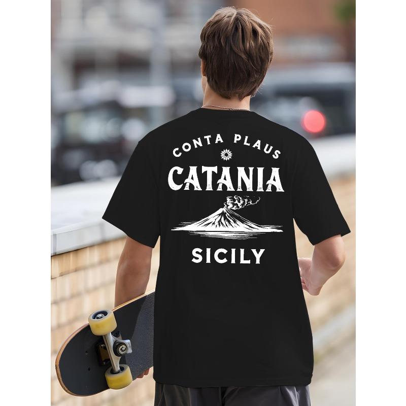 

Catania Men s Italian-Inspired Back Print T-Shirt - Mount Etna & Catania Graphic, Breathable Round Neck Short Sleeve, Athletic Fit for Gym, Basketball S чёрный