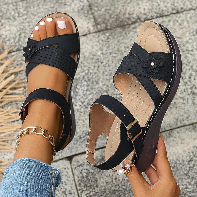 Fashion Women's Sandals Retro Flower Plarform Sandals Women Plus Size Ankle Buckle Wedge Sandles Luxury Woman Comfort Non Slip Sandalias