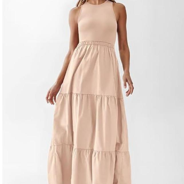 VEZFAA Women's Fashion Summer Spring Solid Color Print Sleeveless O-Neck High Waist Casual Dresses