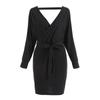 Women Fashion Casual Color Color Open Back Waistband Cross V-neck Bag Hip Slim-fit Knee-length Long-sleeved Dress