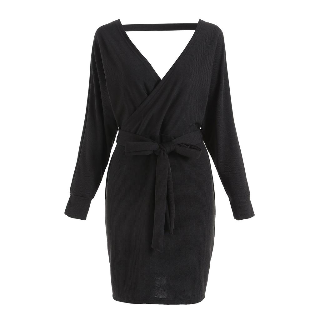 Women Fashion Casual Color Color Open Back Waistband Cross V-neck Bag Hip Slim-fit Knee-length Long-sleeved Dress