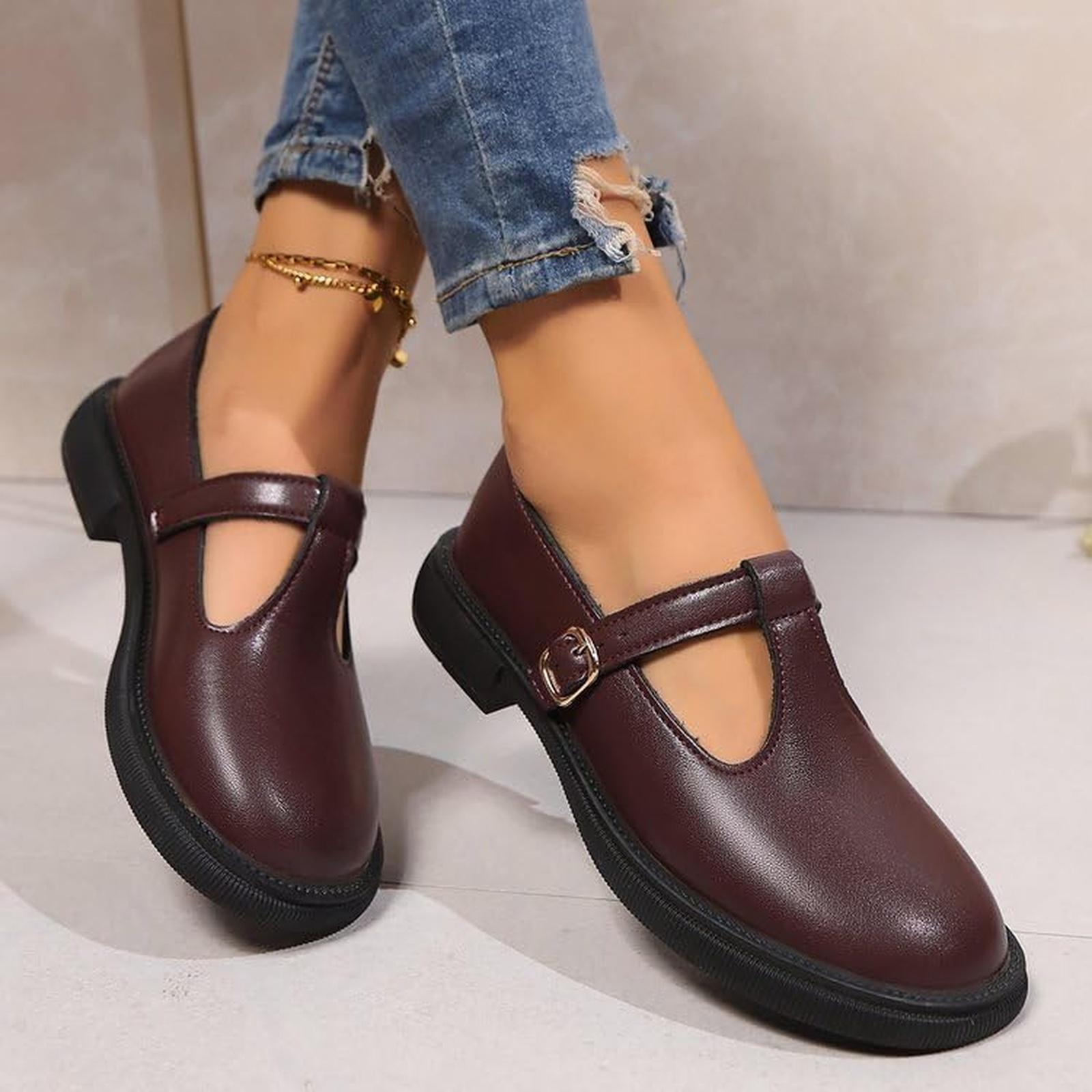 

Women s Mary Shoes Chunky Heel Buckle Strap Comfortable Casual School Uniform Flats 38 винный
