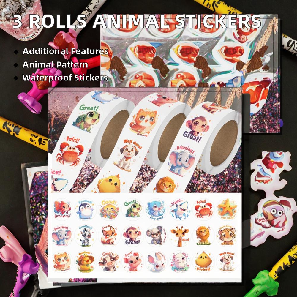 3 Rolls Animal Stickers 1500 PCS Bulk Toddlers 2-4 24 Designs Farm/Ocean/Wild Cute Waterproof Vinyl Motivational Words Kid