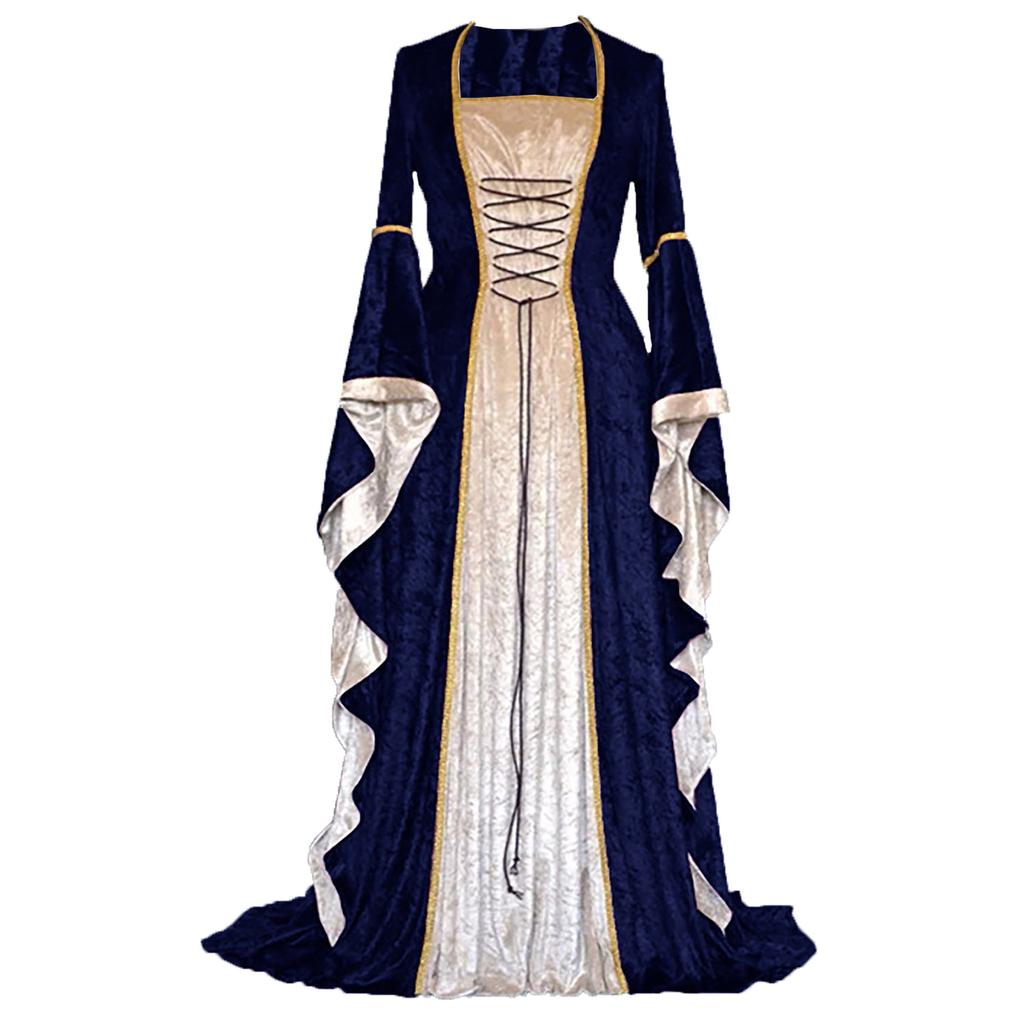 Halloween Women Plus Size Medieval Retro Court Princress Cosplay Costume Long Dress Elegant Witch Square Collar Masquerade