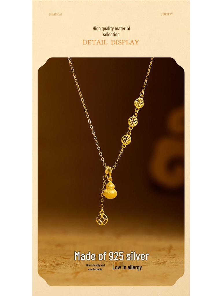Sterling Silver Fu Character Copper Coin Gourd Pendant Necklace – Women's Wealth-Attracting Clavicle Chain