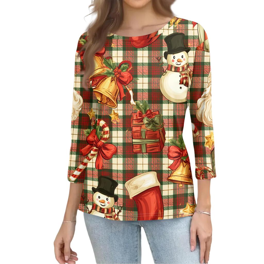 Damen Casual Weihnachtsdruck Hals 3/4 Ärmel T-Shirt
