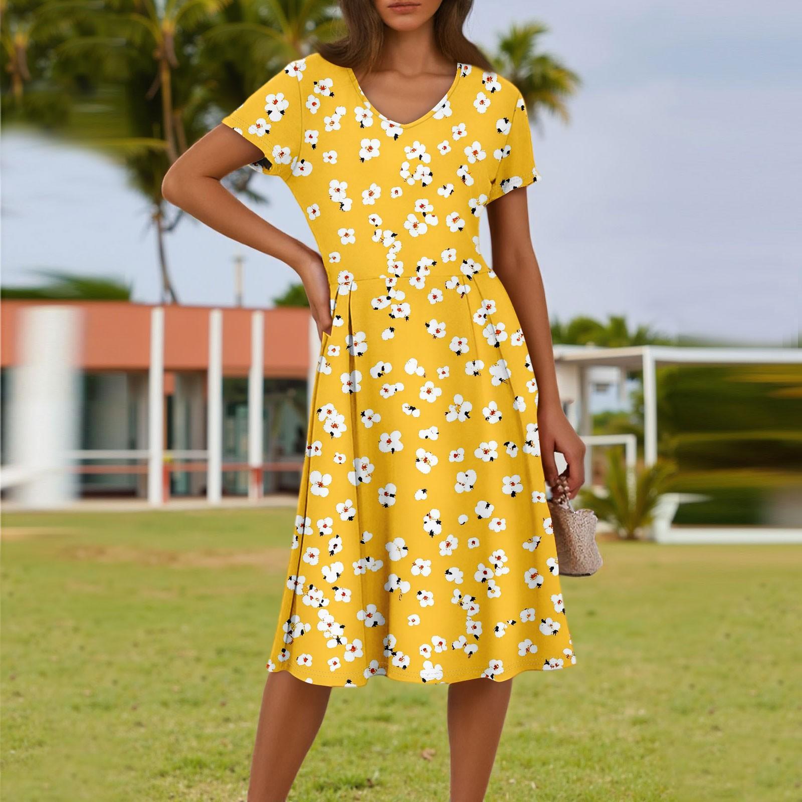 

Женское летнее модное повседневное платье с цветочным принтом, V-образным вырезом, короткими рукавами и карманом XL жёлтый