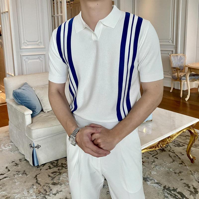 

Мужская модная поло-рубашка с коротким рукавом в полоску - Классная и стильная футболка-поло с отложным воротником в стиле кэжуал XL белый