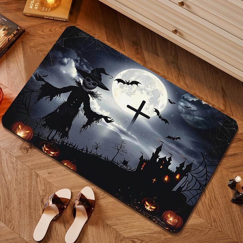 Patterned Door Mat Set With Scarecrow Bat And Spooky Scene Designs Artistic Decor Mat For Entryway For Home Decor