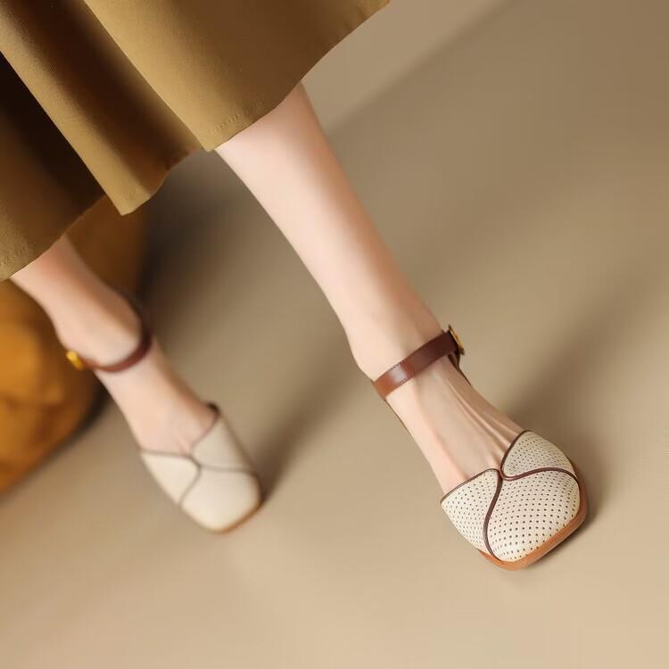 Mode Été Nouveau Sandales à Bout Carré Découpées à Nœud Talon Moyen Chunky Respirantes Talons Hauts