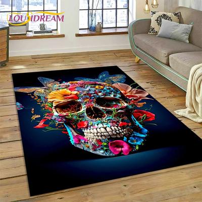 Alfombra con dibujos de flores y calavera gótica Horrible para el hogar, sala de estar, dormitorio, decoración de felpudo para sofá, alfombra antideslizante para niños