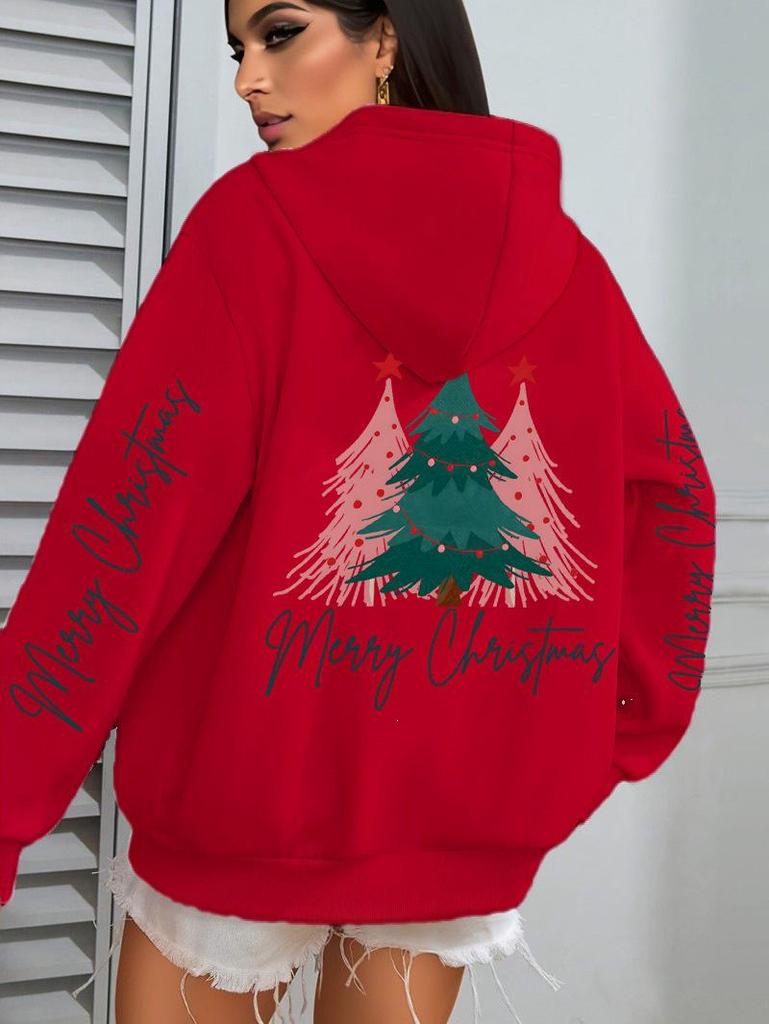 Merry Christmas Tree Print Women's Loose Y2K Hip Hop Hoodie