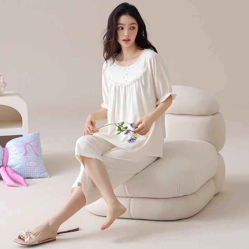 Women s Summer Modal Cotton Cool-Touch Pajama Set - Short-Sleeve Top  Seven-Point Pants, Solid Color, Indoor/Outdoor Wear XXL модель 1