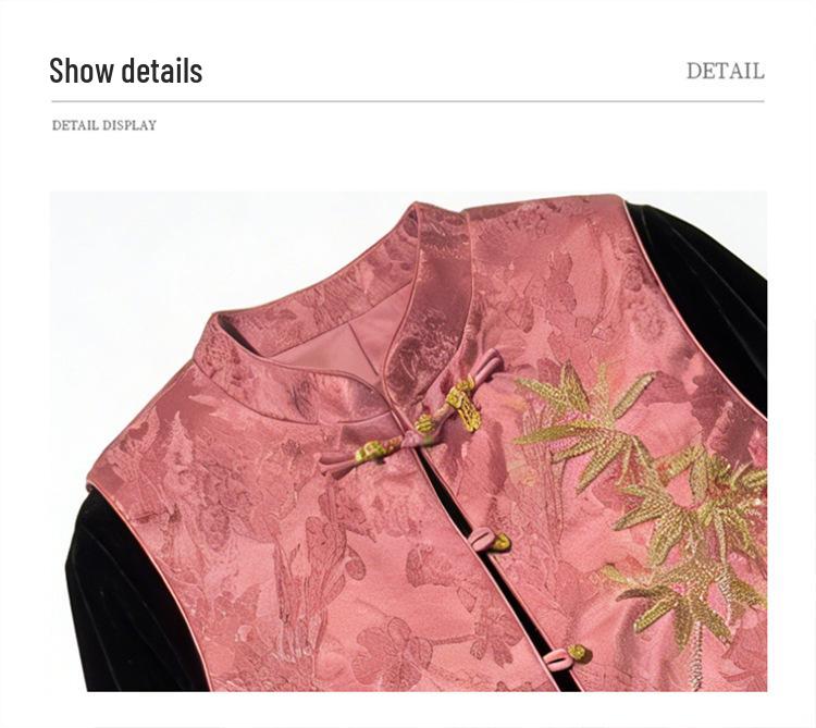 Spring/Autumn Gold Velvet Three-Piece Set: Chinese-Style Vest & Embroidered Top for Middle-Aged and Elderly Women.