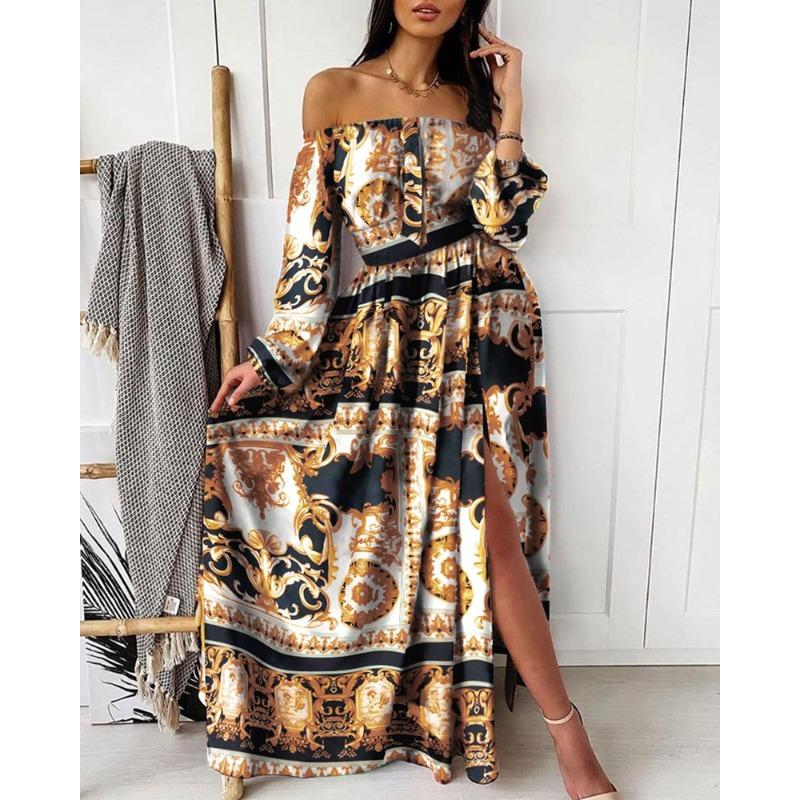 Suer evening dress printed dress one-word shoulder pullover retro long-sleeved big swing split dress