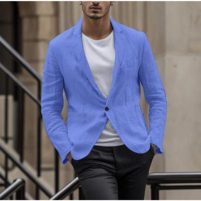 Blazer informal de otoño con botones para hombre, chaqueta de lino y algodón de manga larga con bolsillos transpirables de color liso y parches