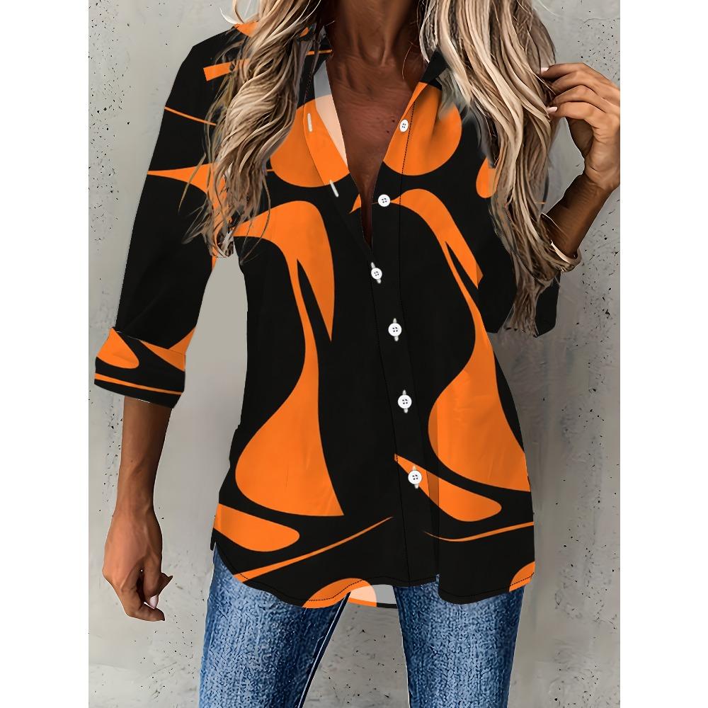 New large size women's long-sleeved printed shirt, digitally printed versatile elegant shirt orange and black abstract pattern style