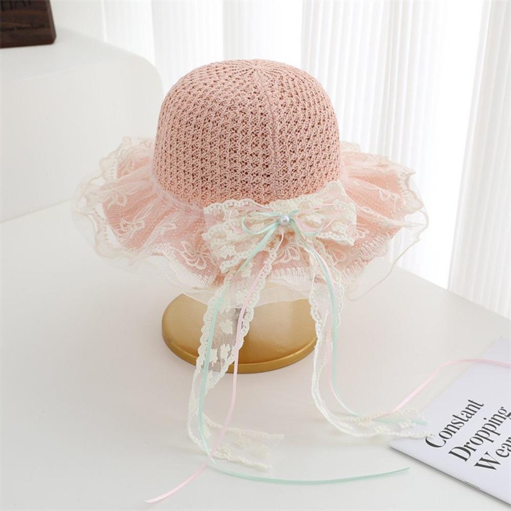 Pearl Decoration Children Sun Hat Wide Brim Straw Hat Cute Style Kids Sun Hat  Girls Accessories розовый