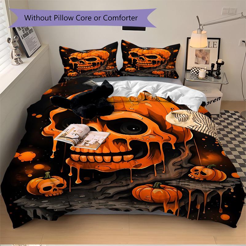 3pcs Halloween Pumpkin Skull Duvet Cover Set - Machine Washable, Includes 1 Cover and 2 Pillowcases, No Core Included yy251013120