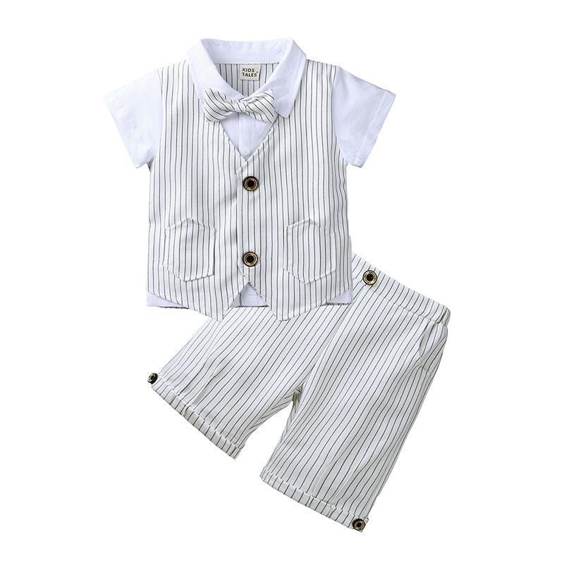 Boys' British Style Summer Suit: Short-Sleeve Cotton Shirt, Shorts & Bow Tie Two-Piece Set