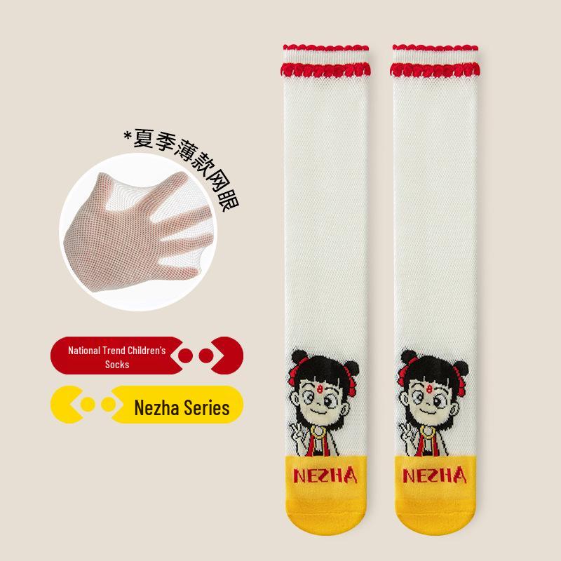 Nezha Cartoon Kids' Summer Socks: Cute, Breathable, Thin Mid-Calf Mesh Cotton Socks for Girls
