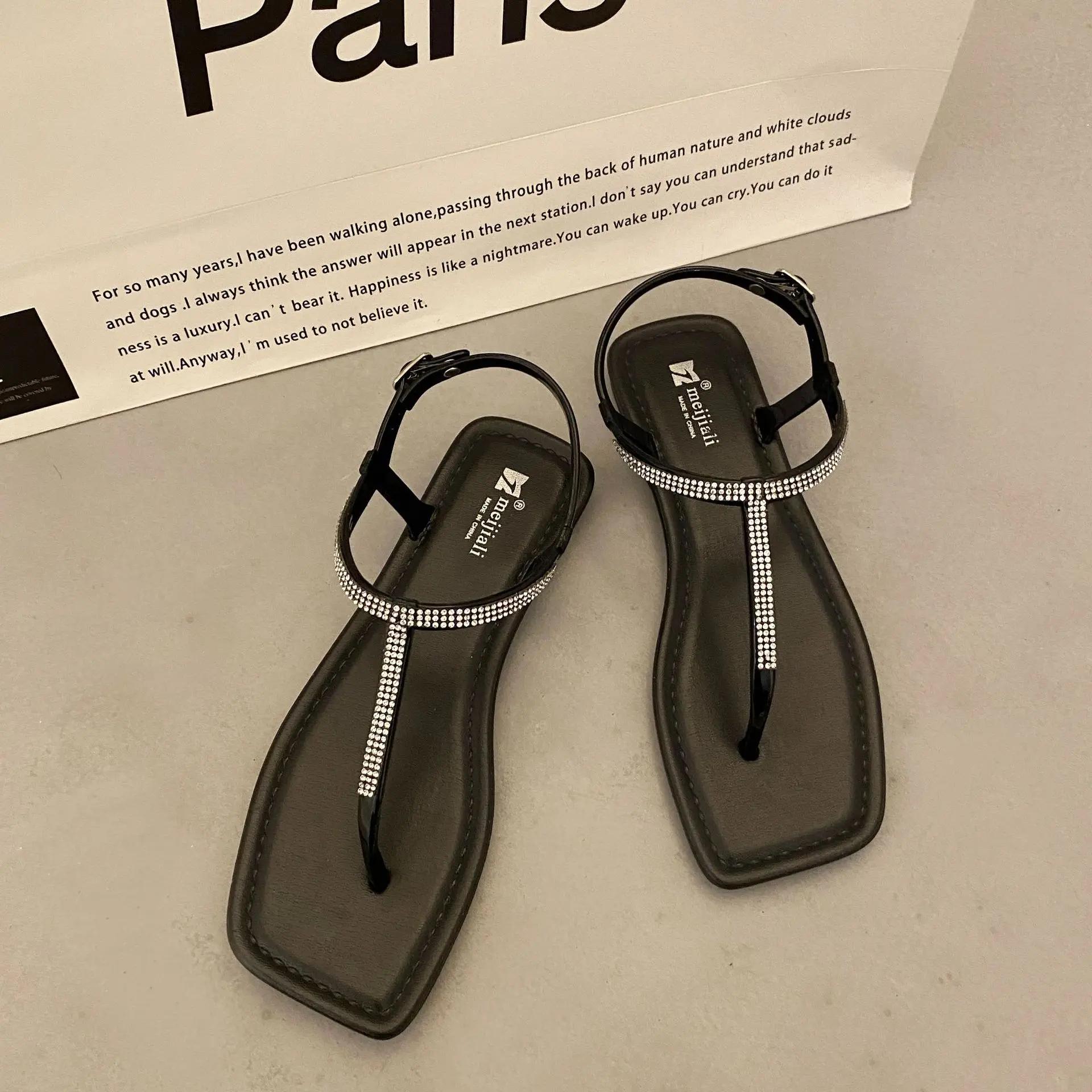 

модные женские сандалии летние повседневные пляжные сандалии женские блестящие туфли с бриллиантами женские шлепанцы с Т-образным ремешком тапочки женские сандалии Planas 36 чёрный