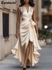 Neues Satin-V-Ausschnitt-Ärmelloses Kleid mit Taillensitz und Blumenmuster, Rüschen, für Damen