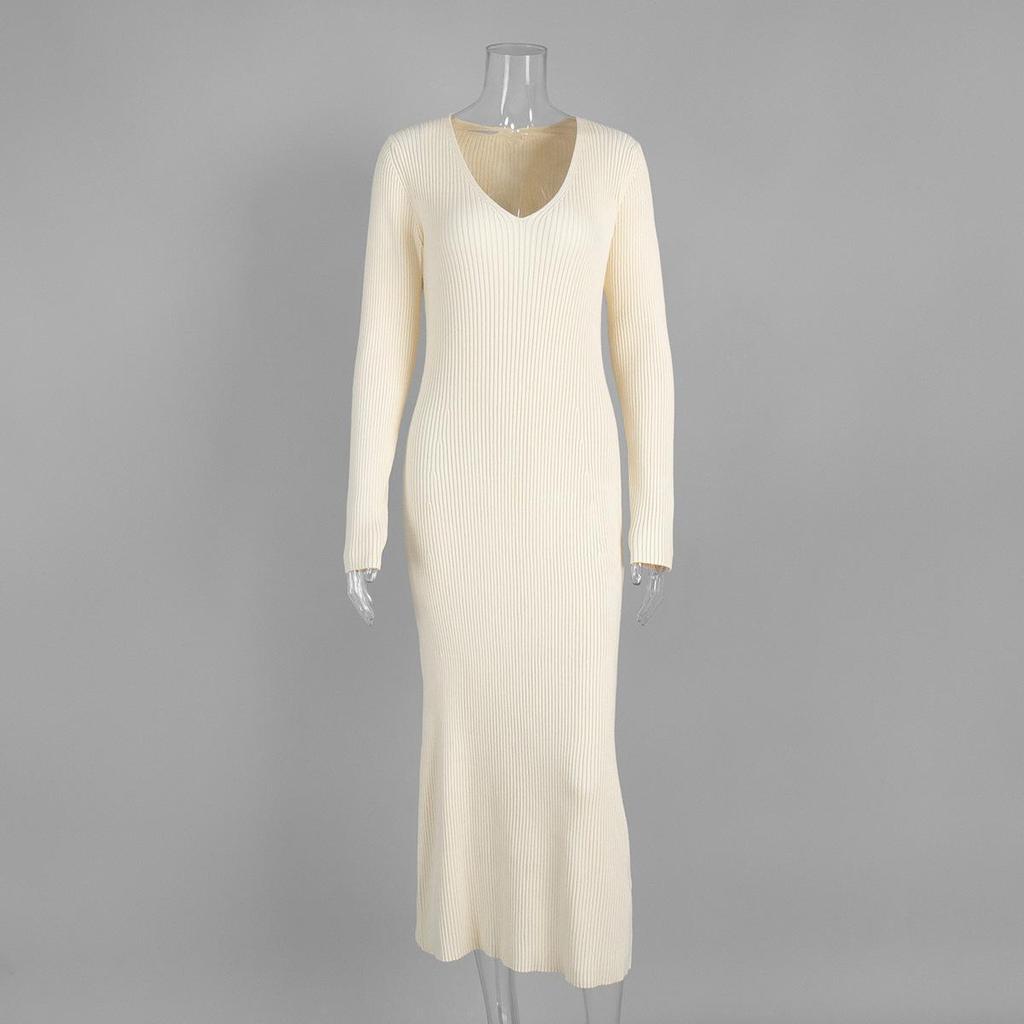 Vintage Coquette Dámské pletené šaty Výstřih do V Dlouhý rukáv Americký retro Dlouhé šaty Slim Jednobarevné Elegantní Zimní