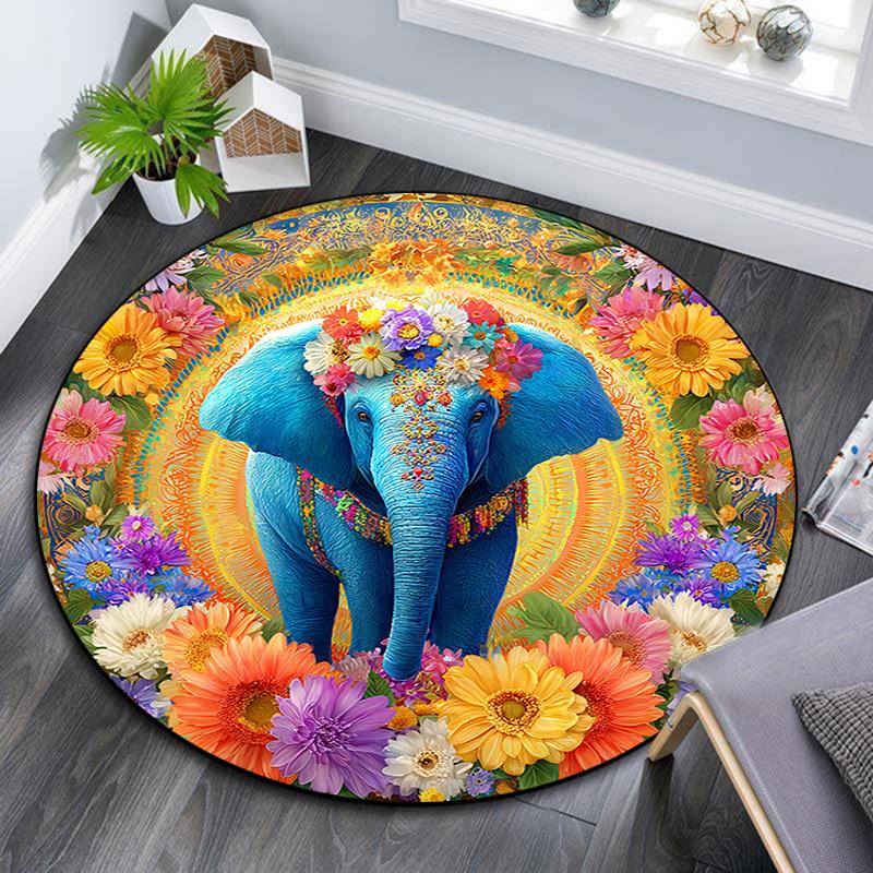 Elephant Round Area Rug,Carpet Rug for Living Room Bedroom Sofa Playroom Decor,Non-slip Floor Mat