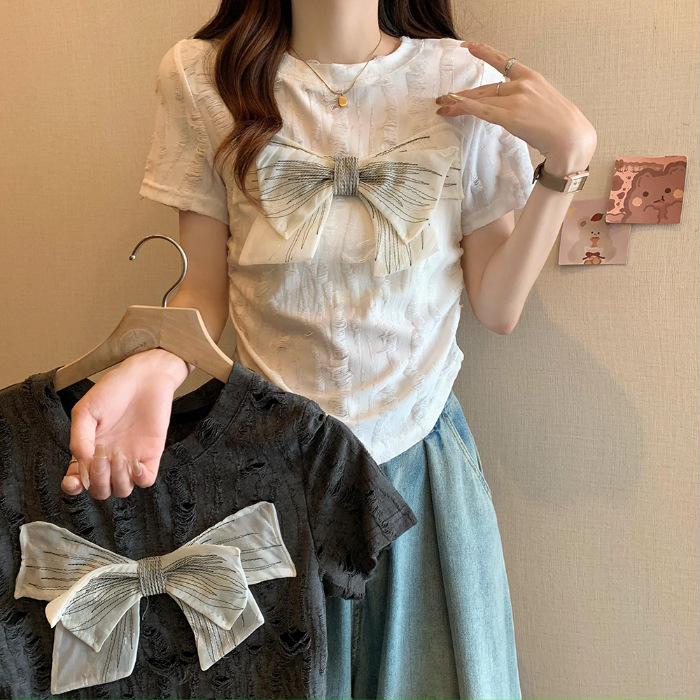 

T-shirt women s summer waist slim ripped top MM bow design front shoulder t-shirt 2XL абрикосовий