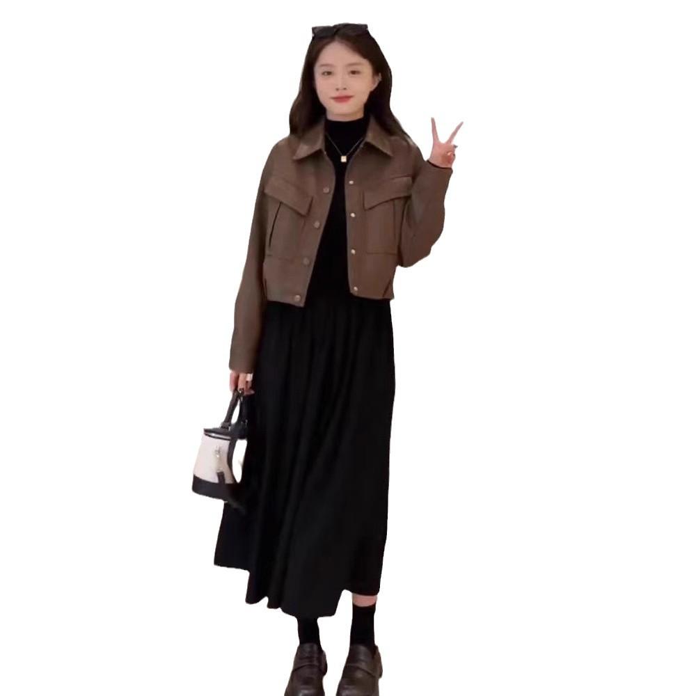 Hepburn Style Black Knitted Dress Women's New Early Autumn Semi-turtleneck Bottomed Inner Long Dress