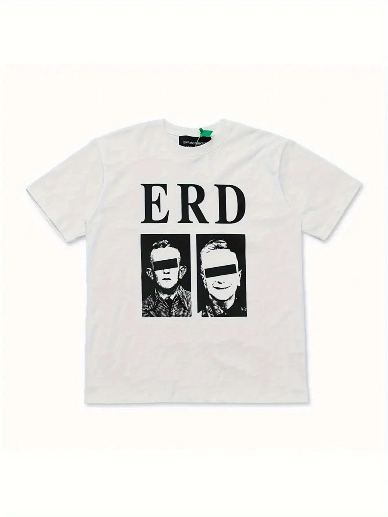 Men s Graphic T-Shirt - White Vintage Street Style Tee with Bold ERD Text and Portrait Print S
