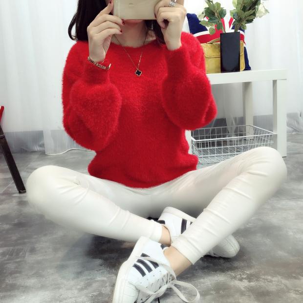 

QICED Осенне-зимний свитер для женщин Свободный свитер из искусственного норкового кашемира Толстый пуловер с круглым вырезом Однотонная базовая рубашка для студенток Uniform size