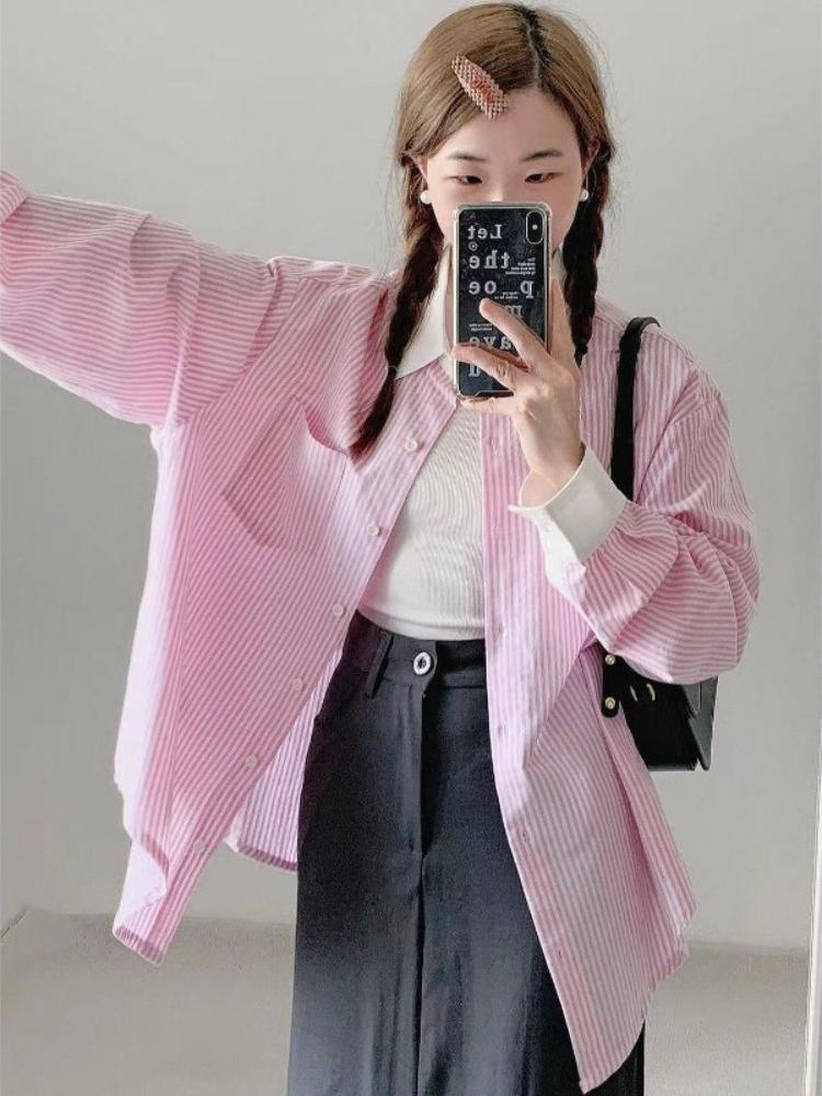 Růžová bílá pruhovaná dámská košile s dlouhým rukávem, kontrastní barva, ležérní korejská minimalistická volná dámská bunda
