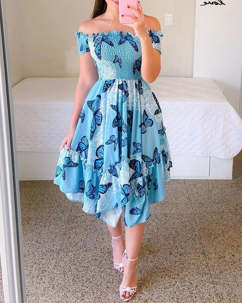 2026 European and American cross-border Amazon ebay dress one-word shoulder irregular off-the-shoulder digital printing medium and long dress