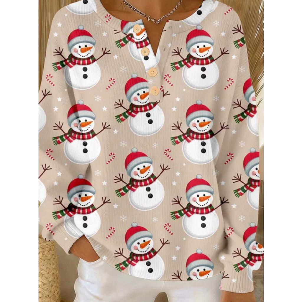 Women's Crew Neck Long Sleeve Waffle Knit Henley Top Loose Fit Casual Sweatshirt